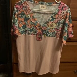 BiBi Pink Floral Yoke Short Sleeve Top